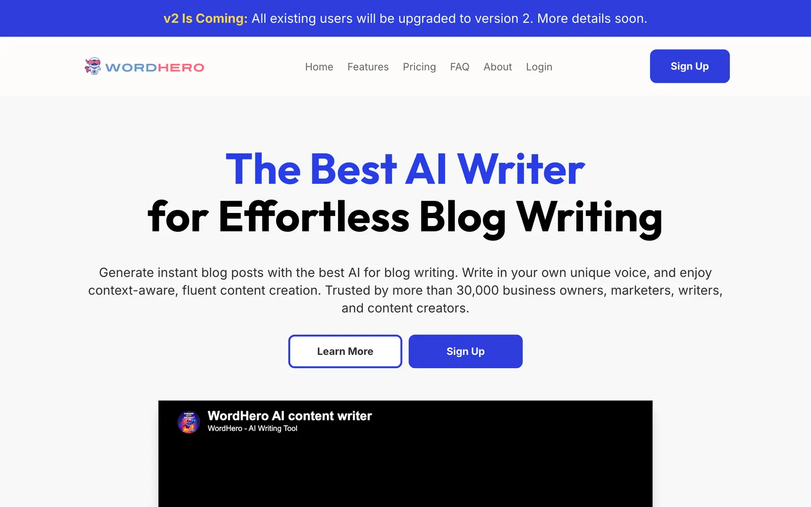 Screenshot of the WordHero website