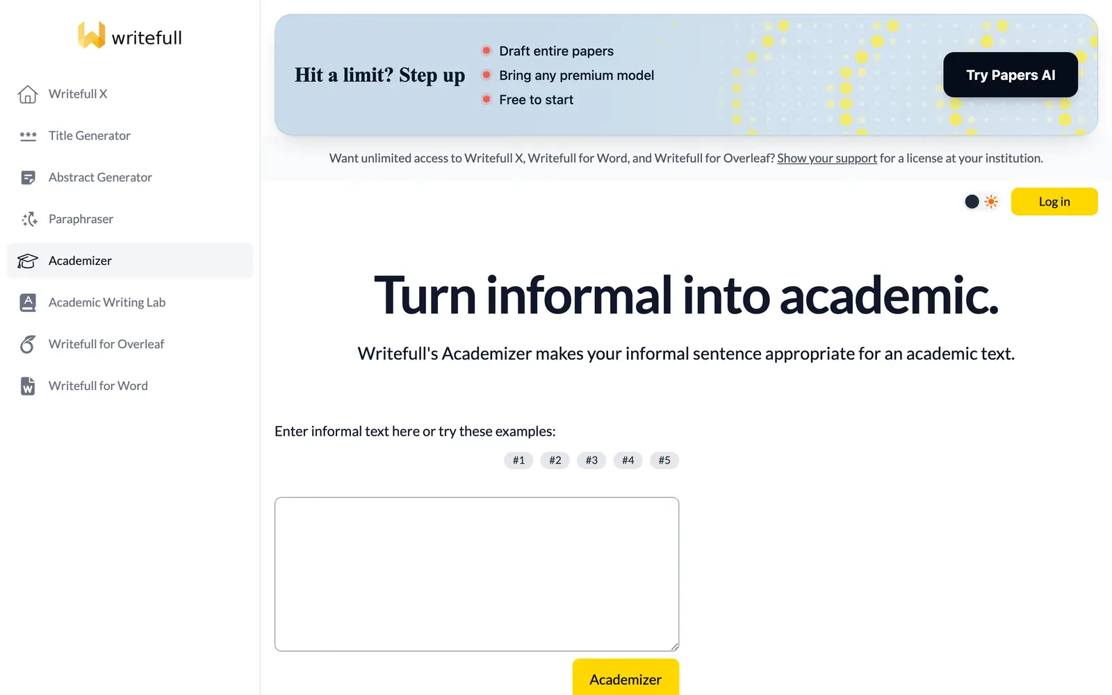Screenshot of the Writefull Academizer website