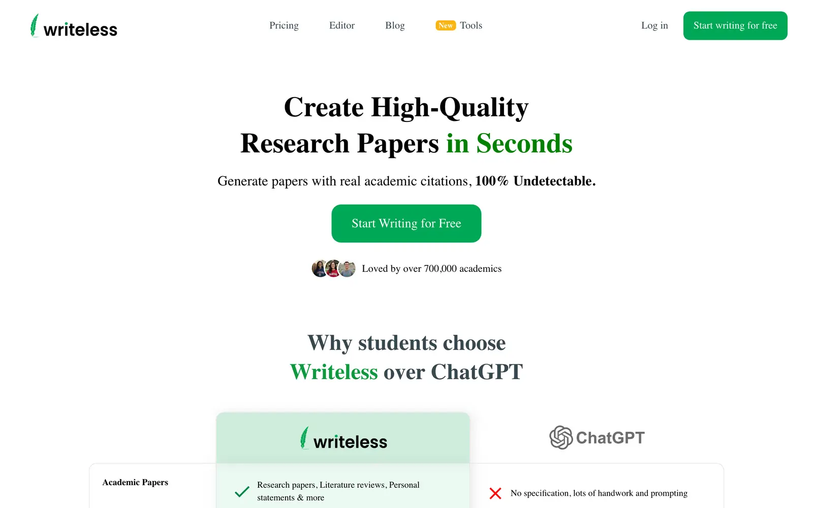 Screenshot of the Writeless website