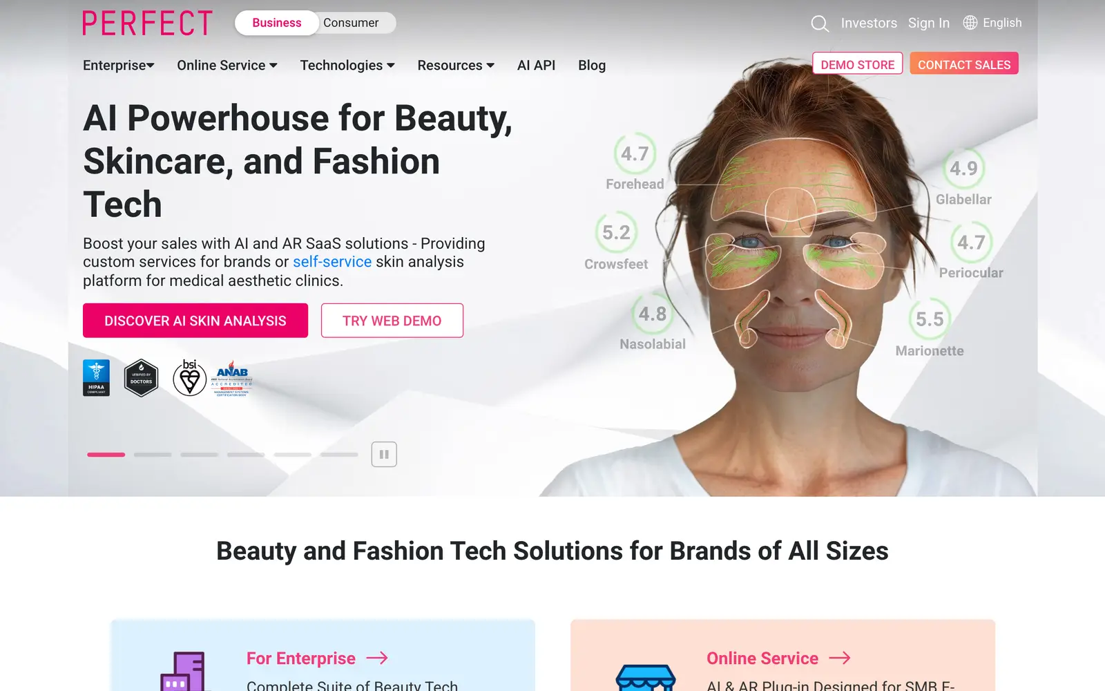 Screenshot of the YouCam AI & AR Business Solutions website