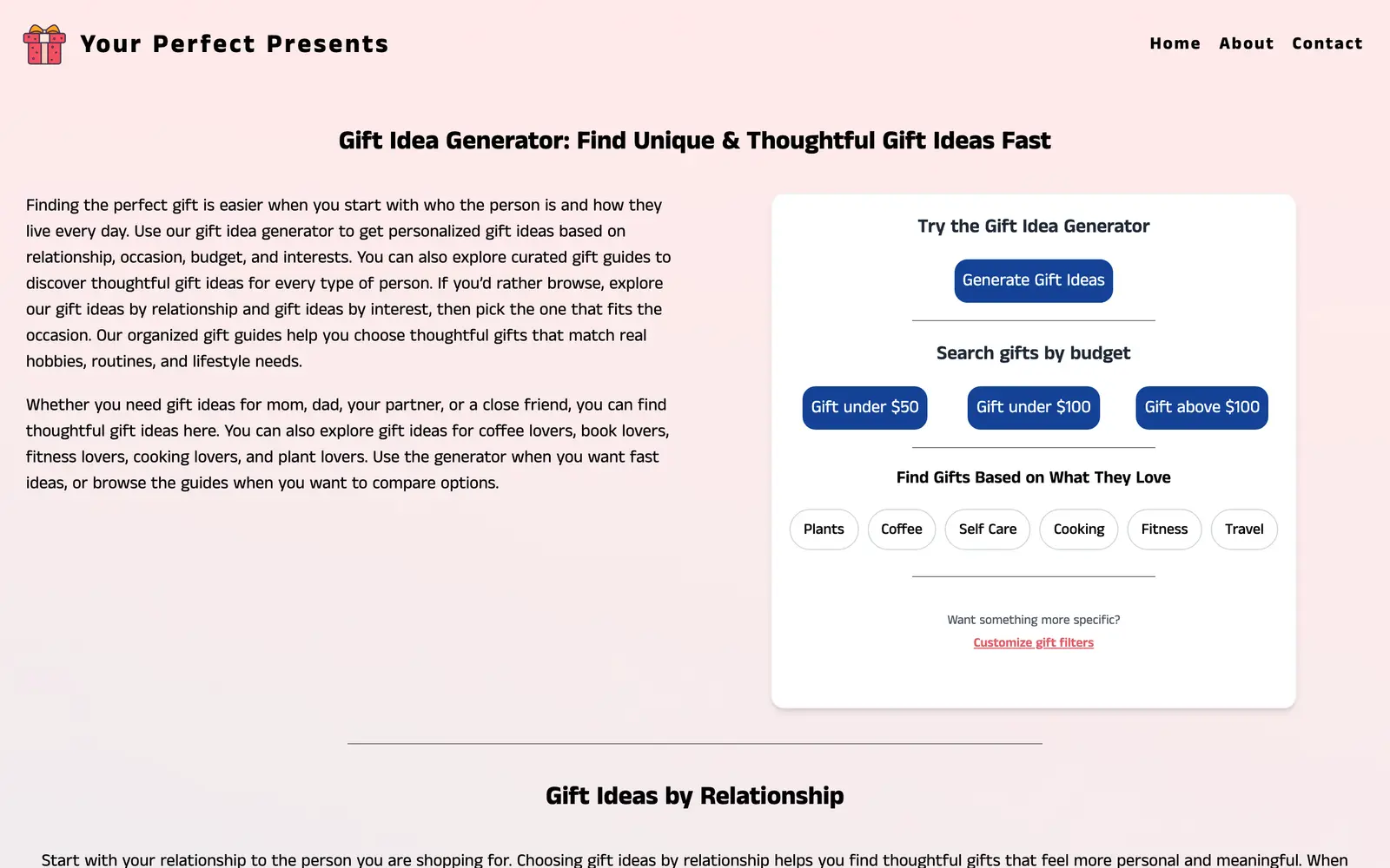 Screenshot of the Your Perfect Presents website