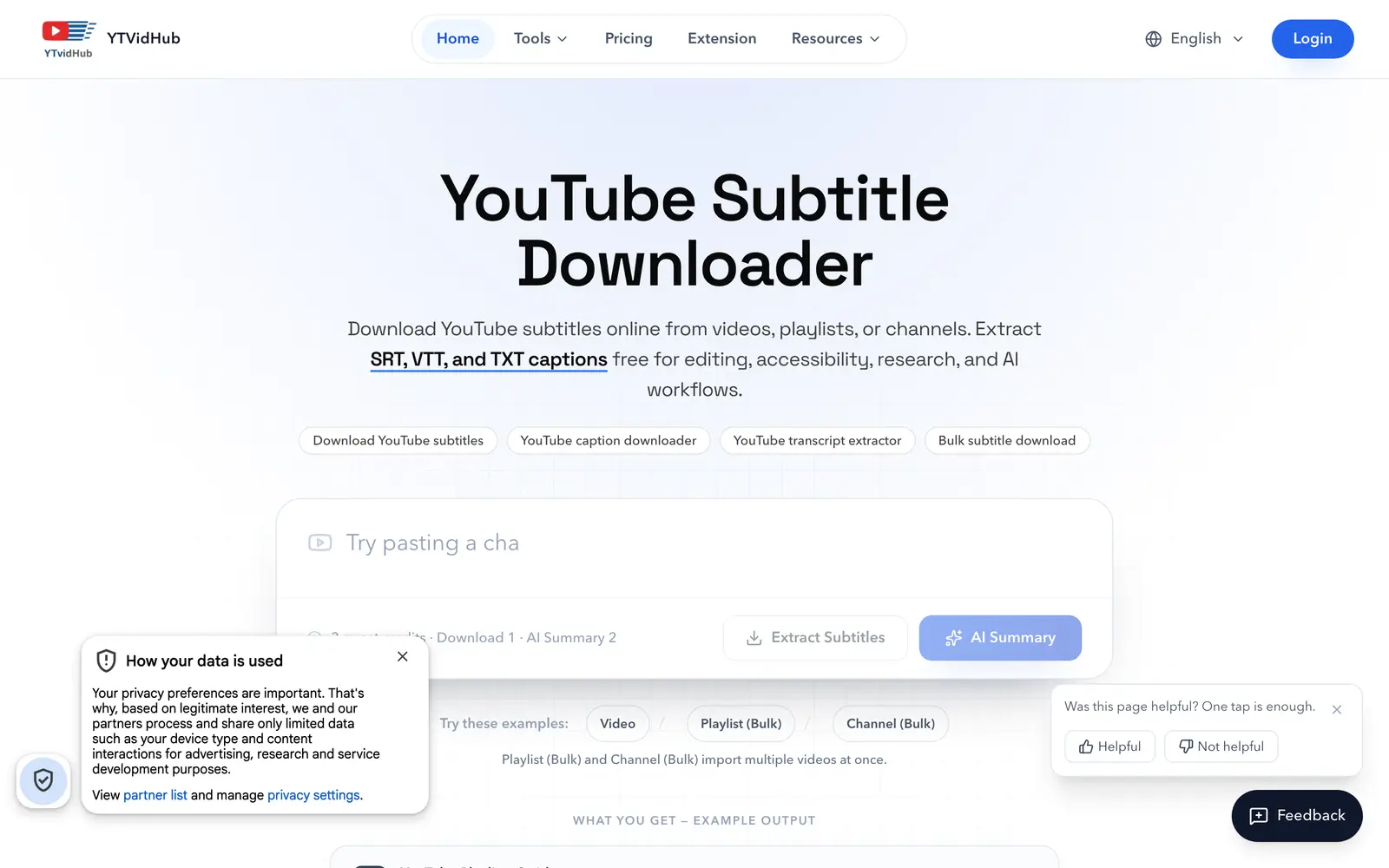 Screenshot of the YTVidHub website