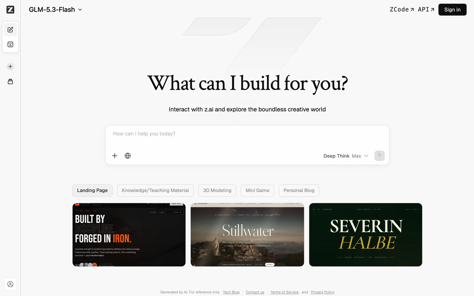 Screenshot of the Z.ai website