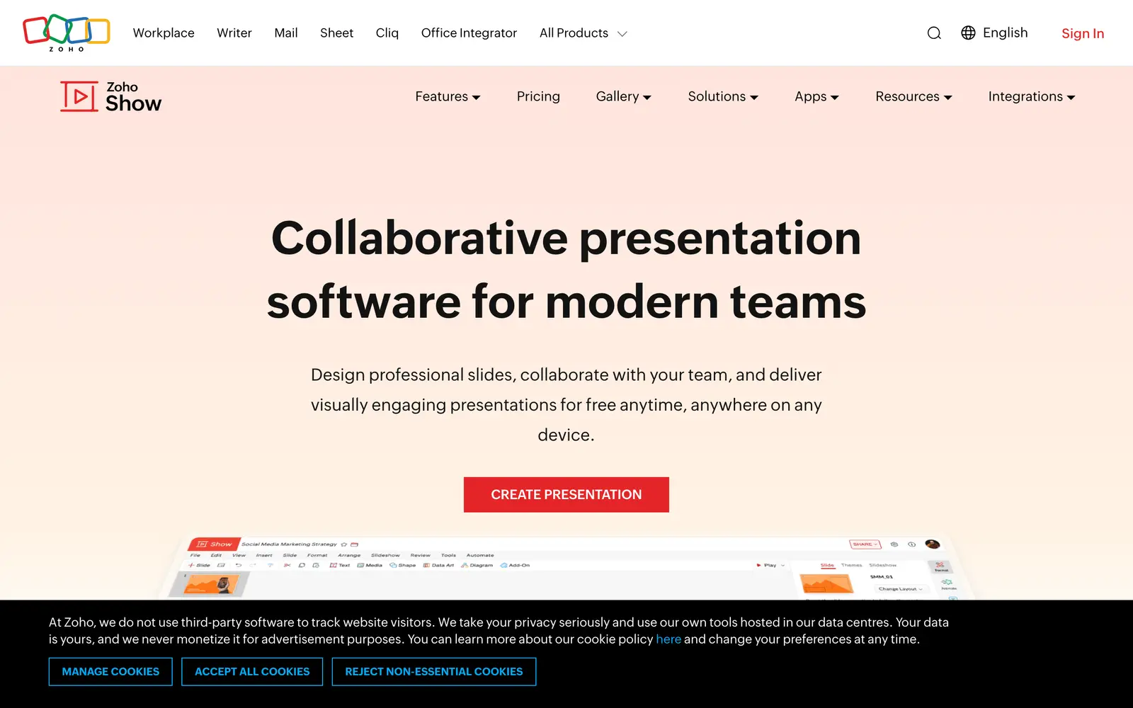 Screenshot of the Zoho Show website
