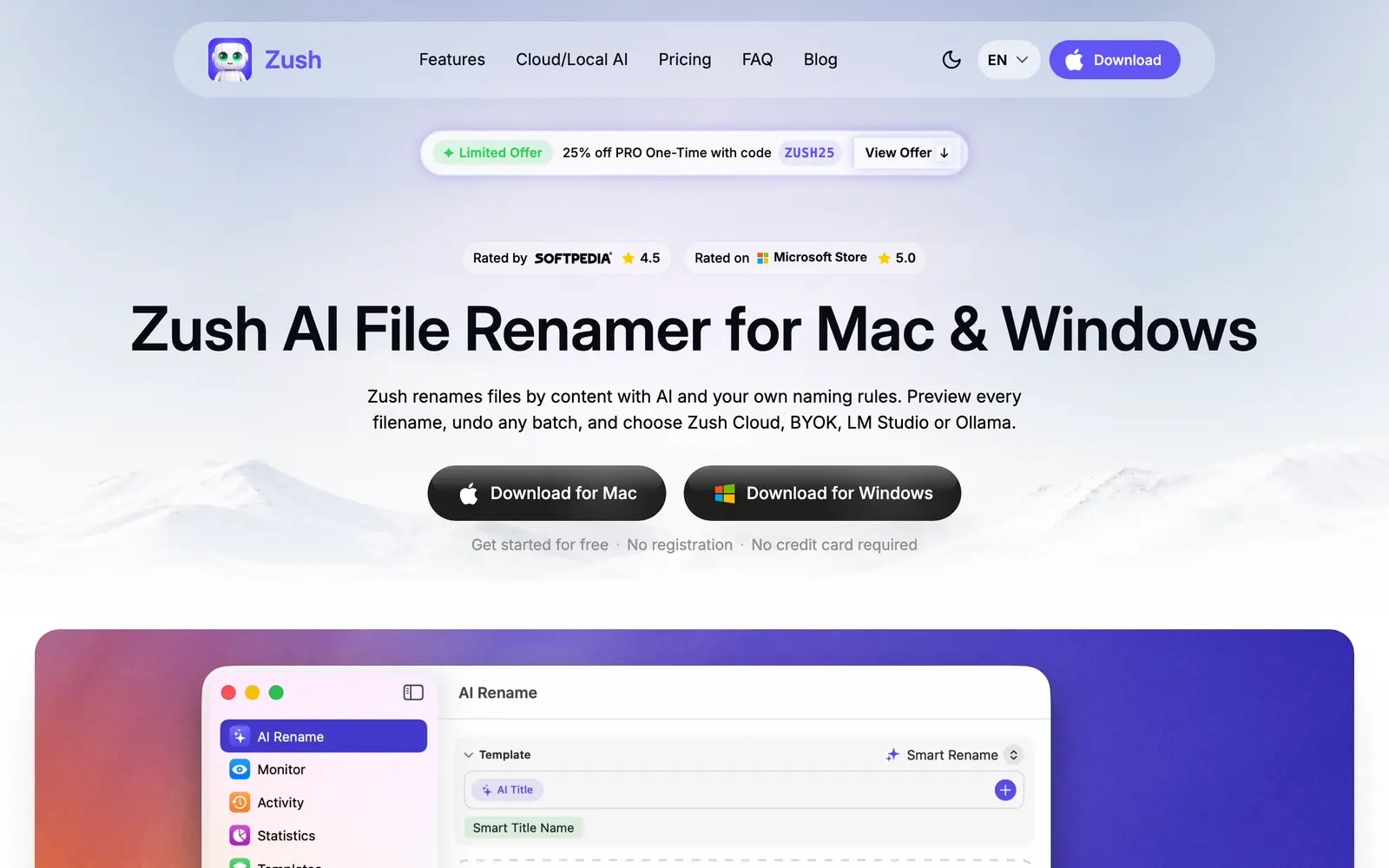 Screenshot of the Zush website